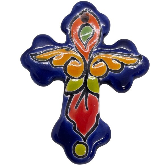 Talavera Crucifix Holy Cross Mexico Ceramic Art Hanging Wall Ornament Mini Blue - Picture 3 of 9